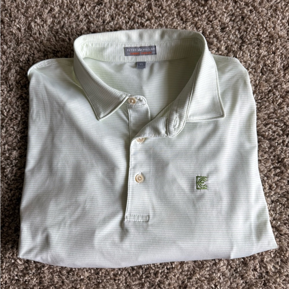 Peter Millar Green and White Striped Polo performance golf Shirt